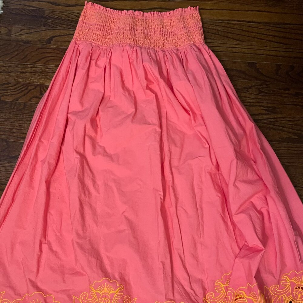 By Anthropologie Smocked Yoke Cutwork-Hem Maxi Skirt in pink